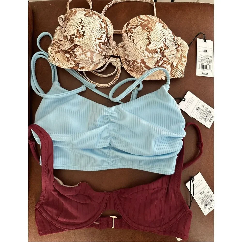 Shade and Shore 3x Bikini Tops Size 32B New Brown Maroon Blue